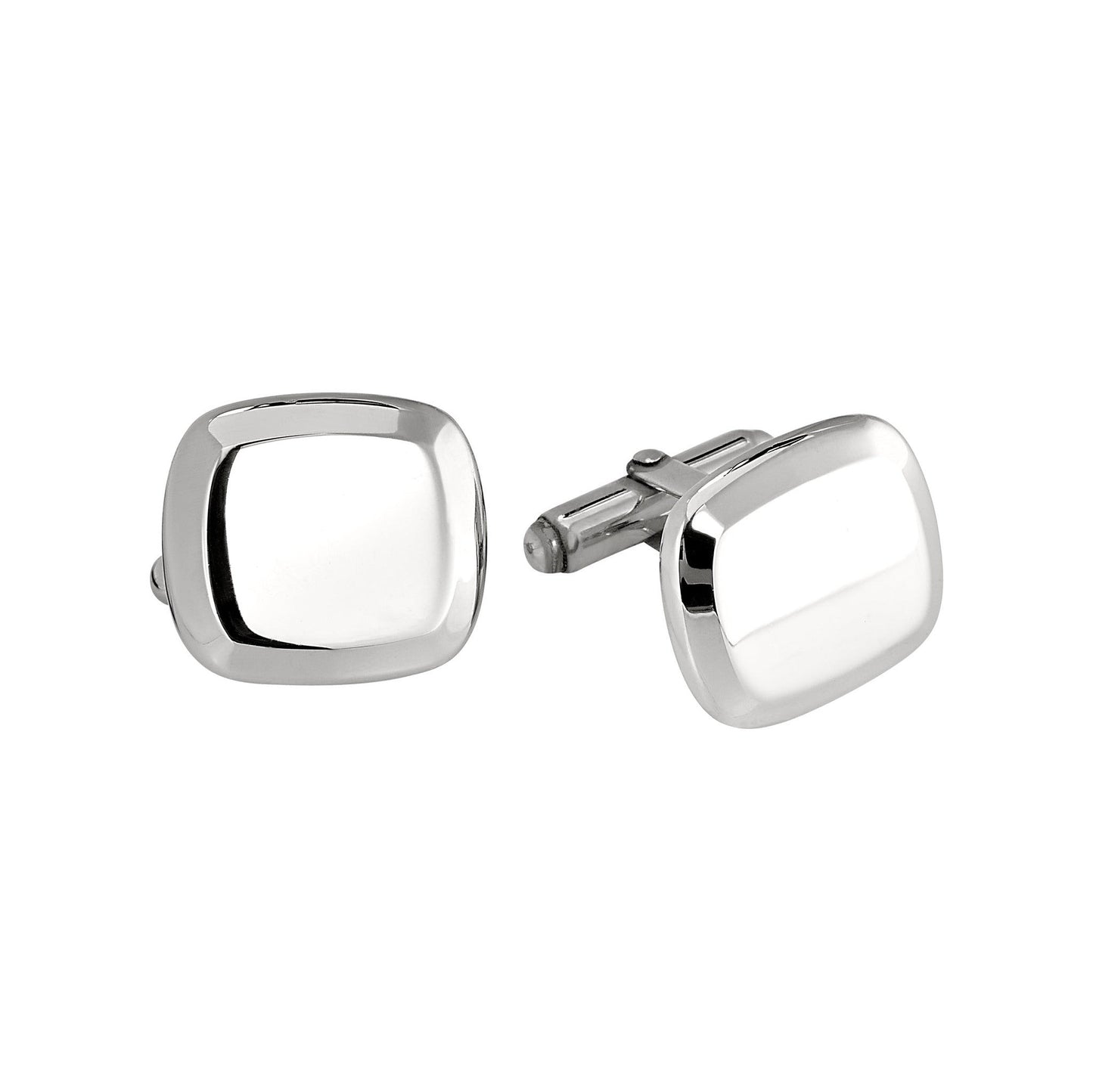 A sterling silver bevel edge cushion polished cufflinks displayed on a neutral white background.