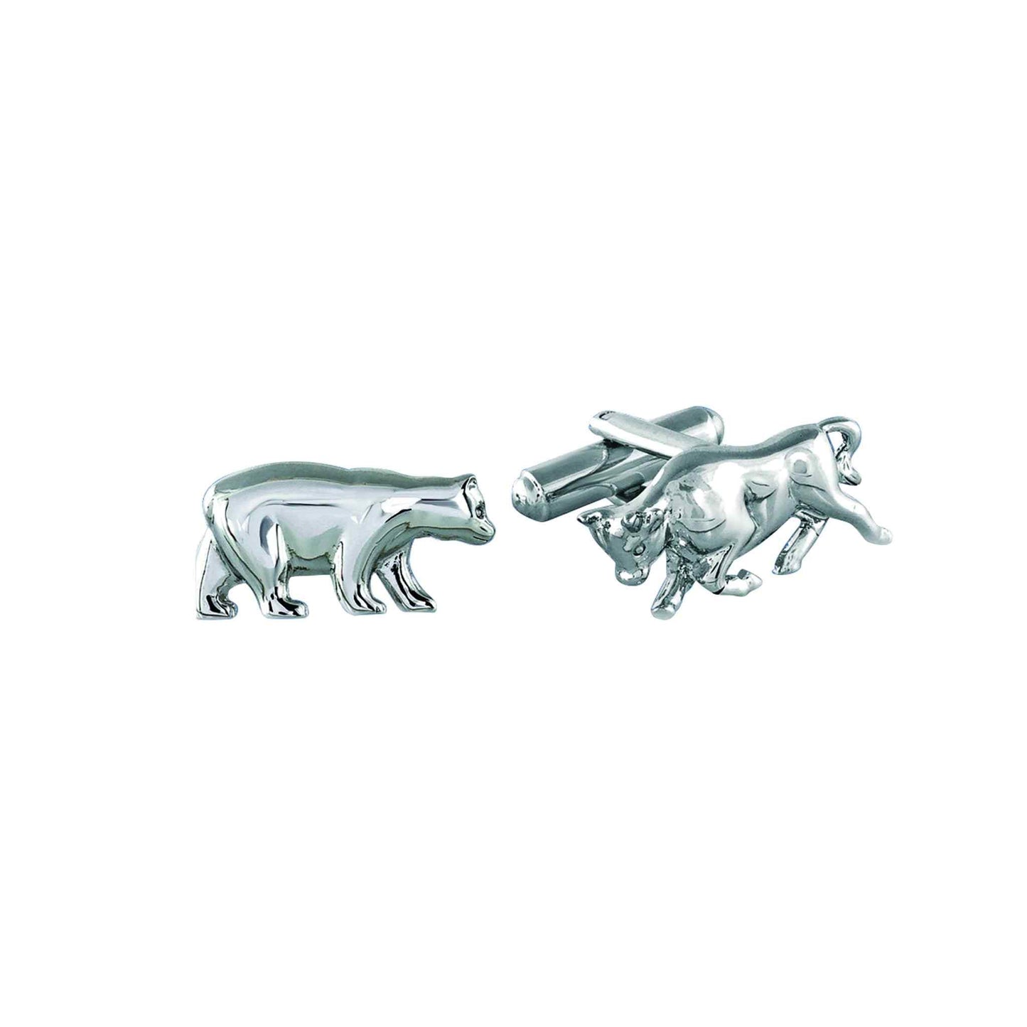 A sterling silver bull & bear cufflinks displayed on a neutral white background.