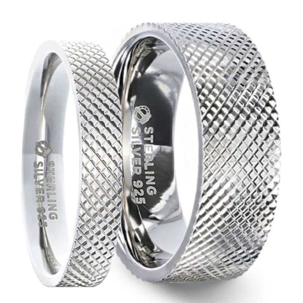 Knurl Grooved Sterling Silver Couple's Matching Wedding Band Set