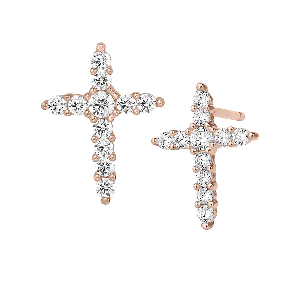 A sterling silver cross earrings with simulated diamonds displayed on a neutral white background.