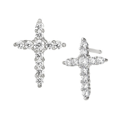 A sterling silver cross earrings with simulated diamonds displayed on a neutral white background.