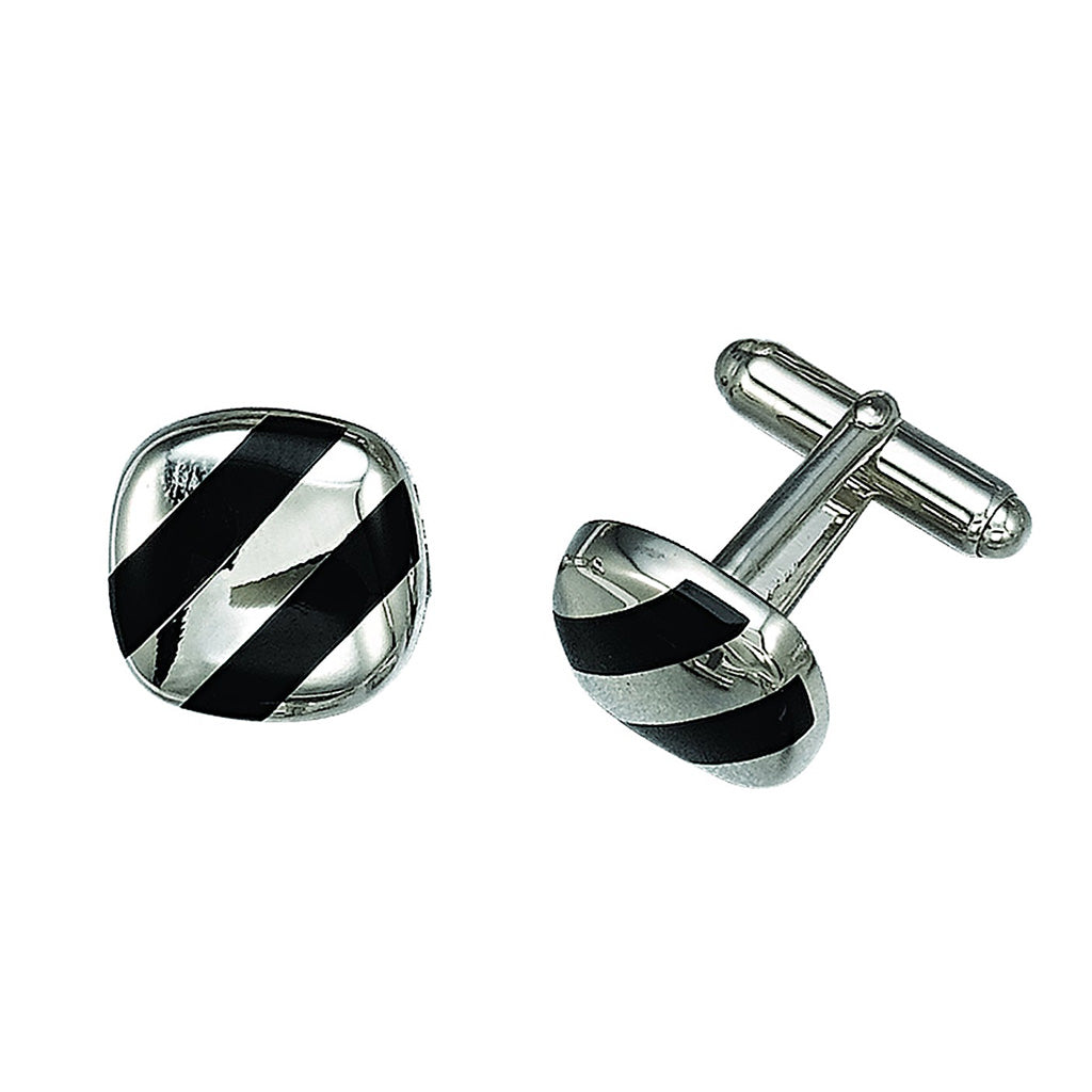 A sterling silver cushion cufflinks with diagonal onyx stripes displayed on a neutral white background.
