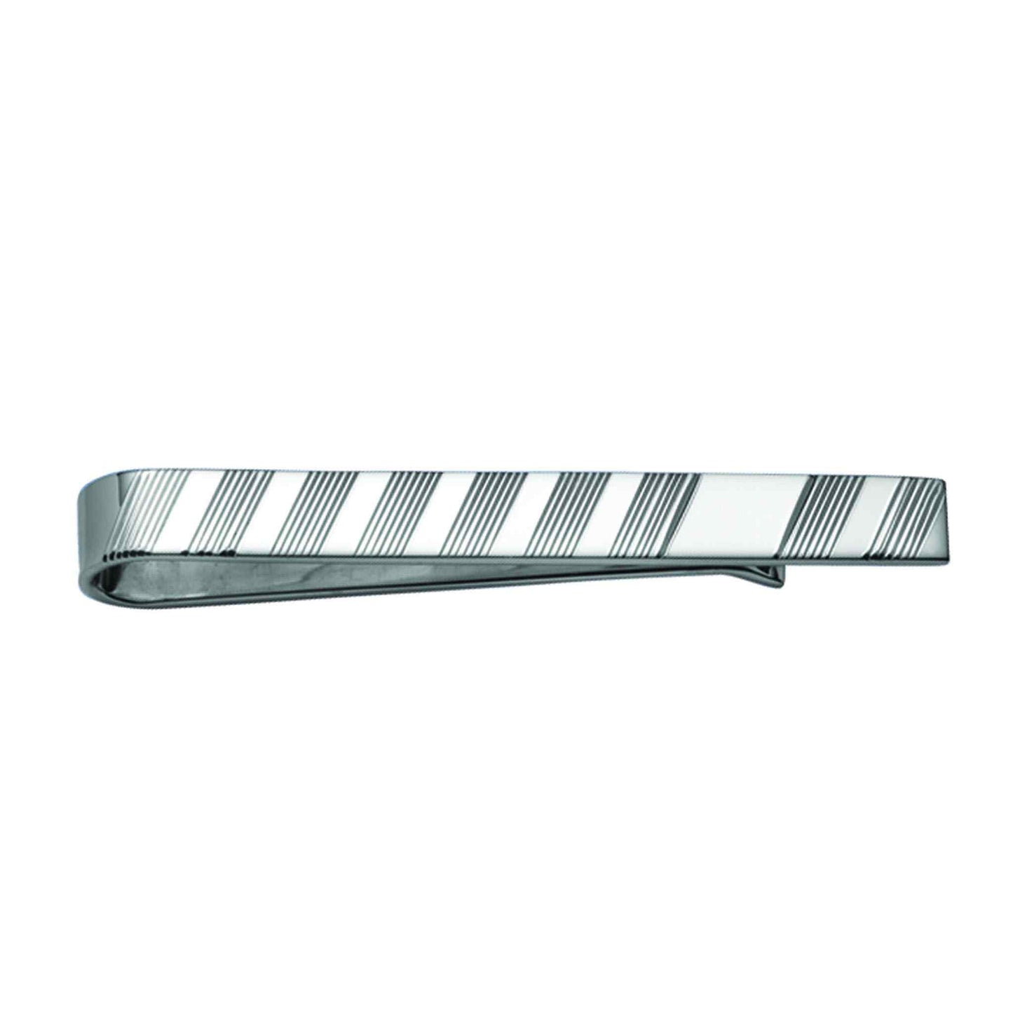 A sterling silver diagonal tie slide displayed on a neutral white background.