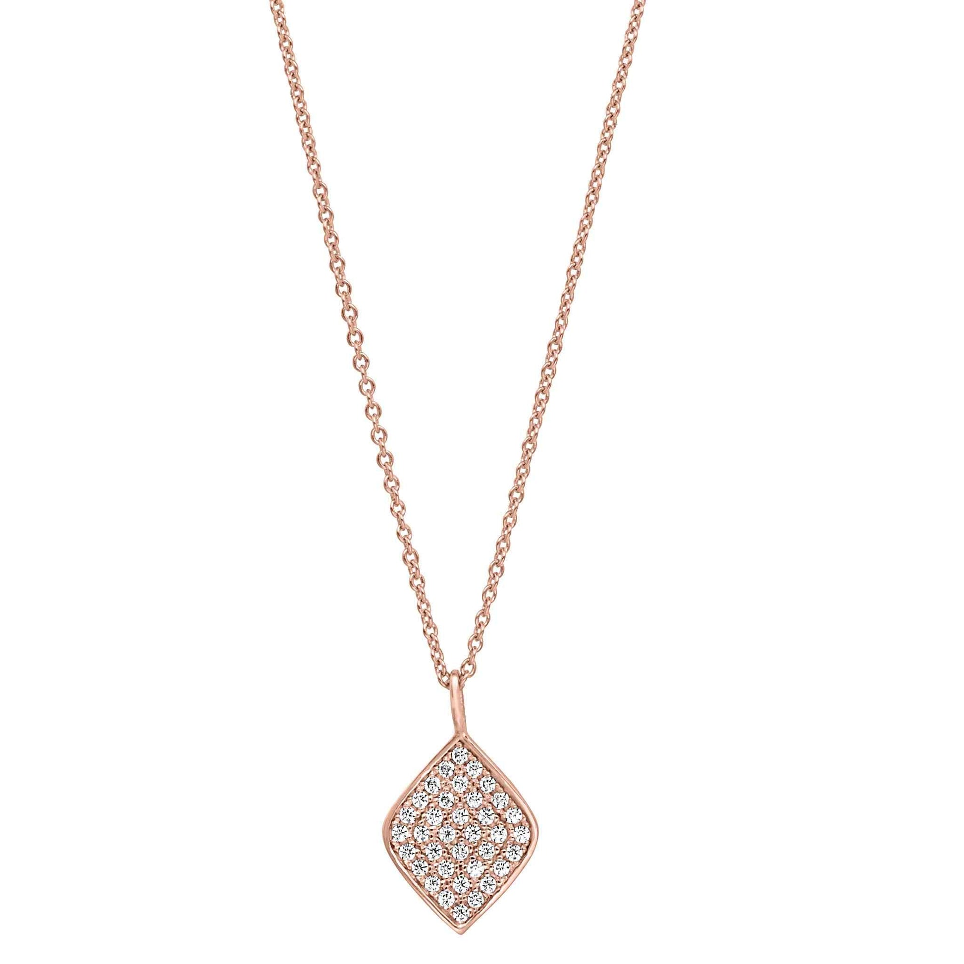 A sterling silver diamond shaped necklace with simulated diamonds displayed on a neutral white background.