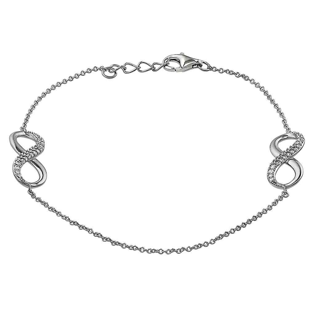 A sterling silver double infinity bracelet with simulated diamonds displayed on a neutral white background.