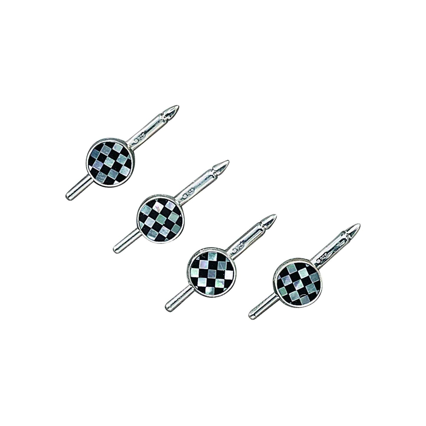 A four piece sterling silver 8mm round mother of pearl & onyx checkered trim stud set displayed on a neutral white background.