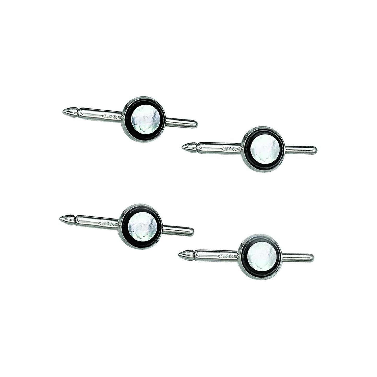 A four piece sterling silver 8mm round mother of pearl & onyx trim stud set displayed on a neutral white background.