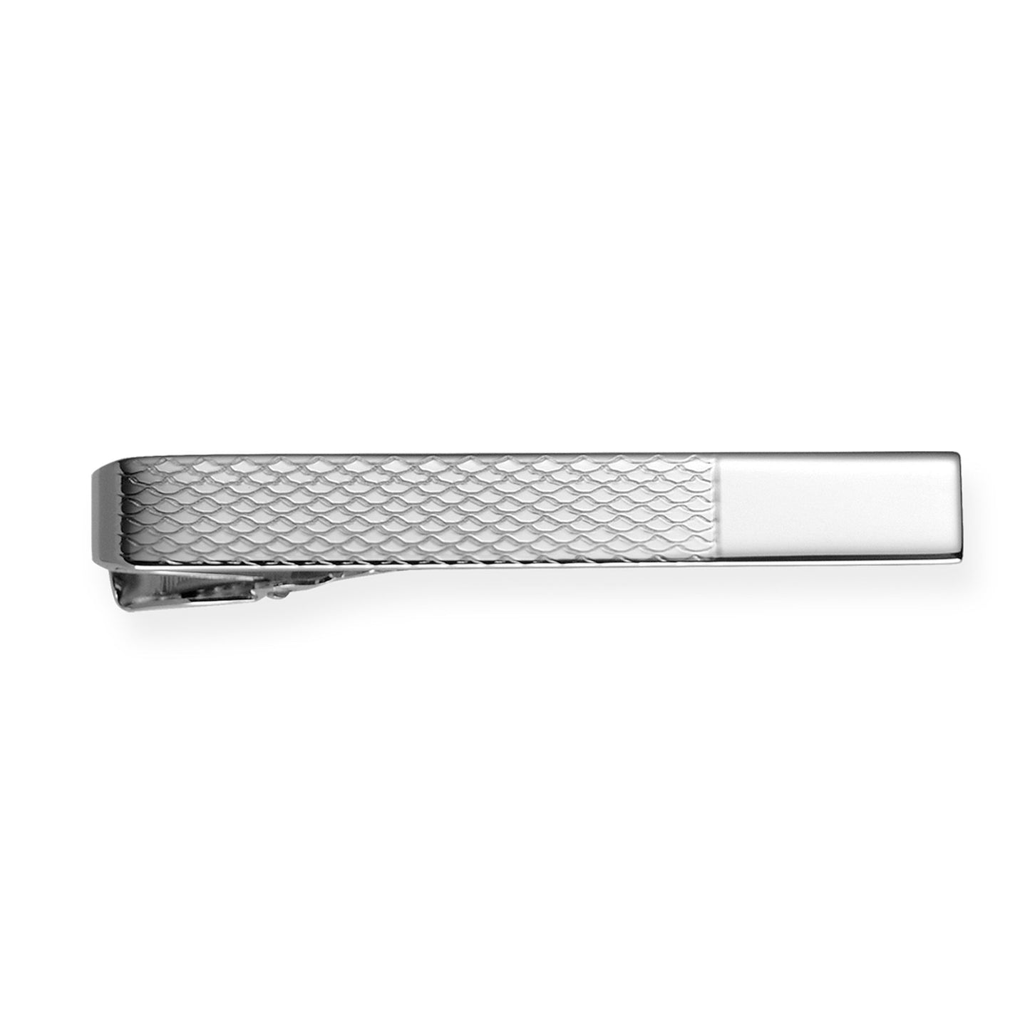 A sterling silver engine-turned polished tie bar displayed on a neutral white background.