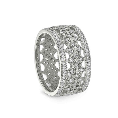 A sterling silver fancy ring with simulated diamonds displayed on a neutral white background.