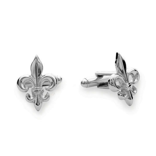 A sterling silver fleur de lis cuff links displayed on a neutral white background.