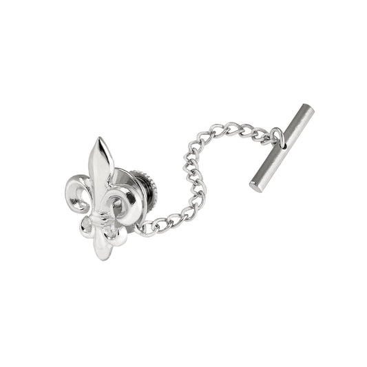 A sterling silver fleur de lis tie tack displayed on a neutral white background.