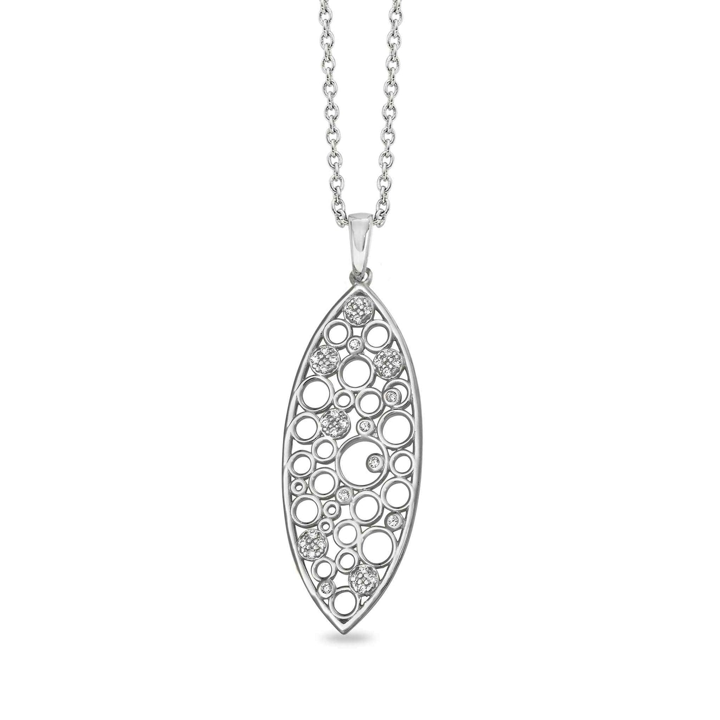 A sterling silver floating circles necklace with simulated diamonds displayed on a neutral white background.