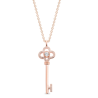 A sterling silver flower key necklace with 33 simulated diamonds displayed on a neutral white background.