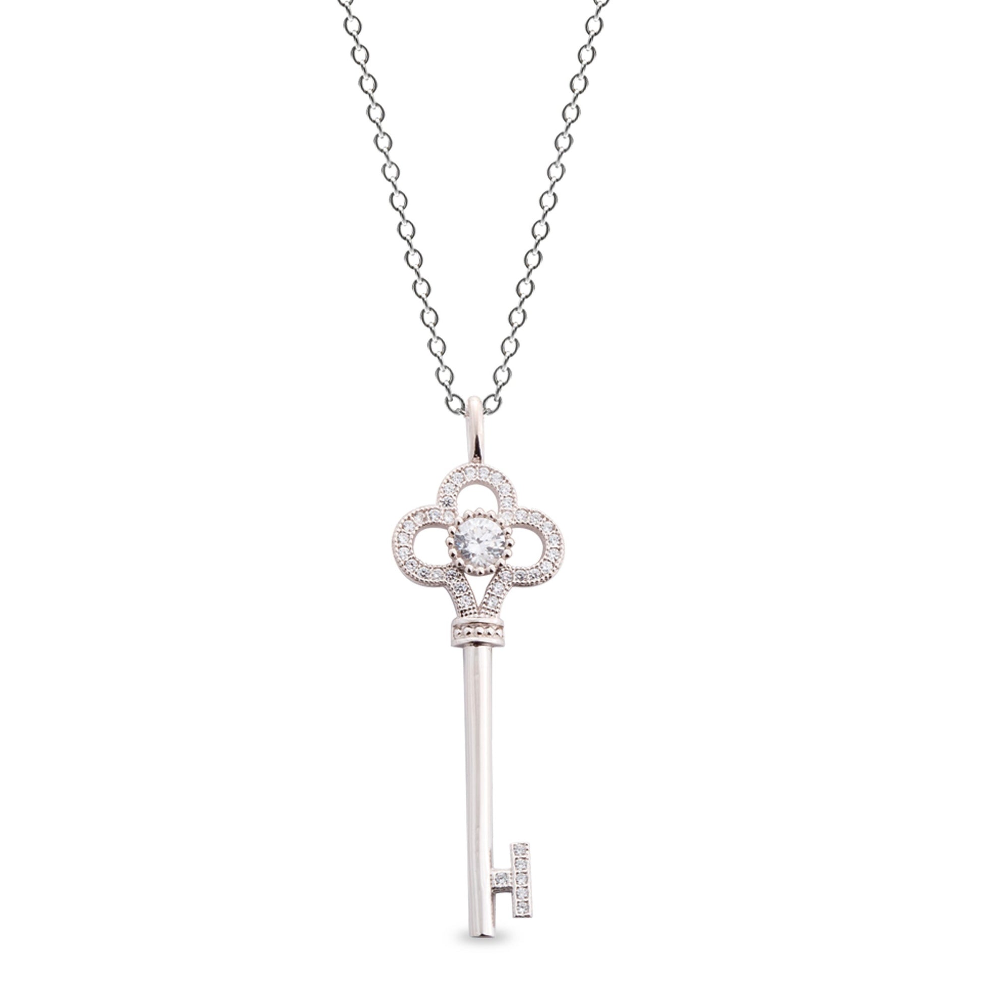 A sterling silver flower key necklace with 33 simulated diamonds displayed on a neutral white background.