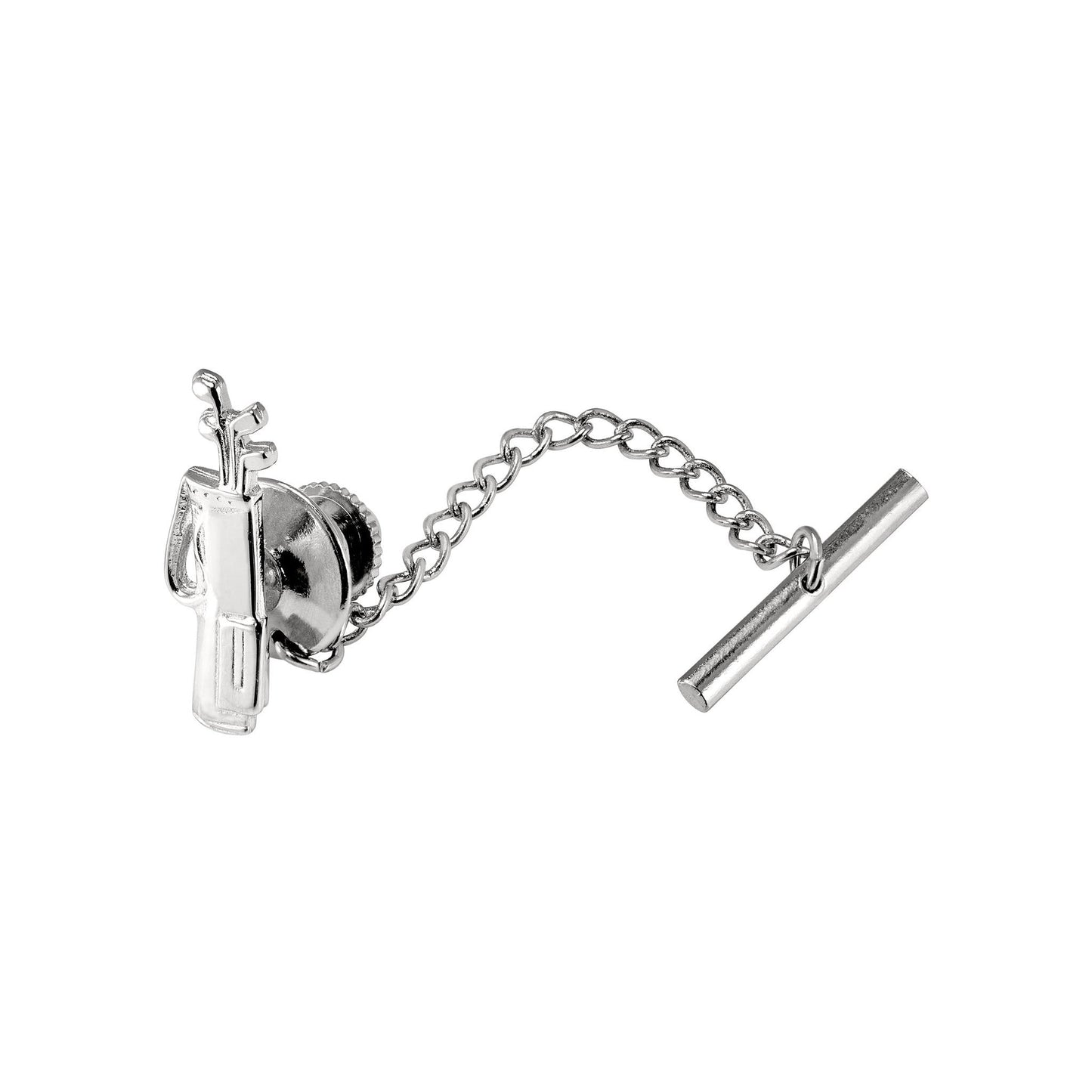 A sterling silver golf bag tie tack displayed on a neutral white background.