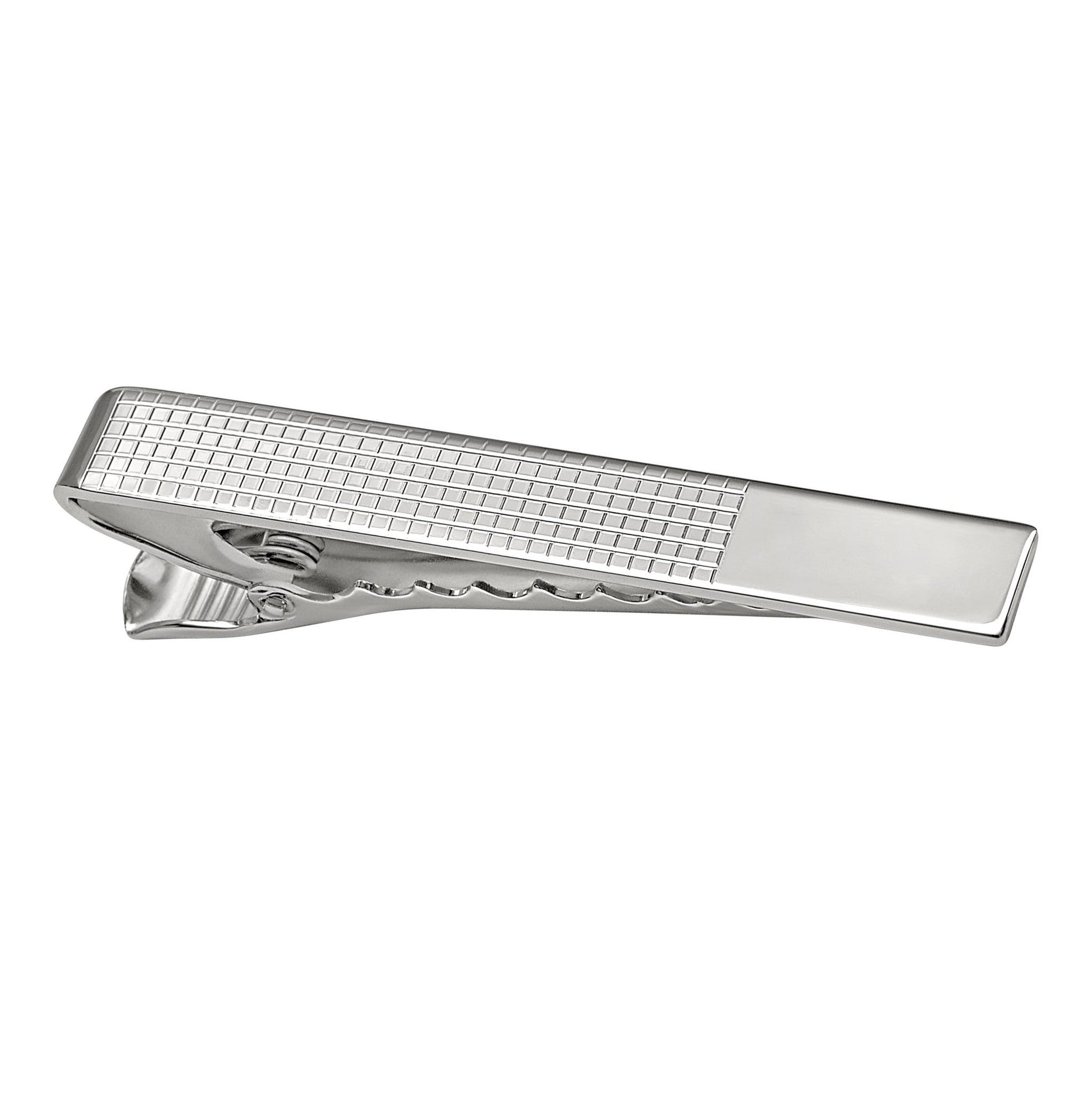 A sterling silver grid tie bar displayed on a neutral white background.