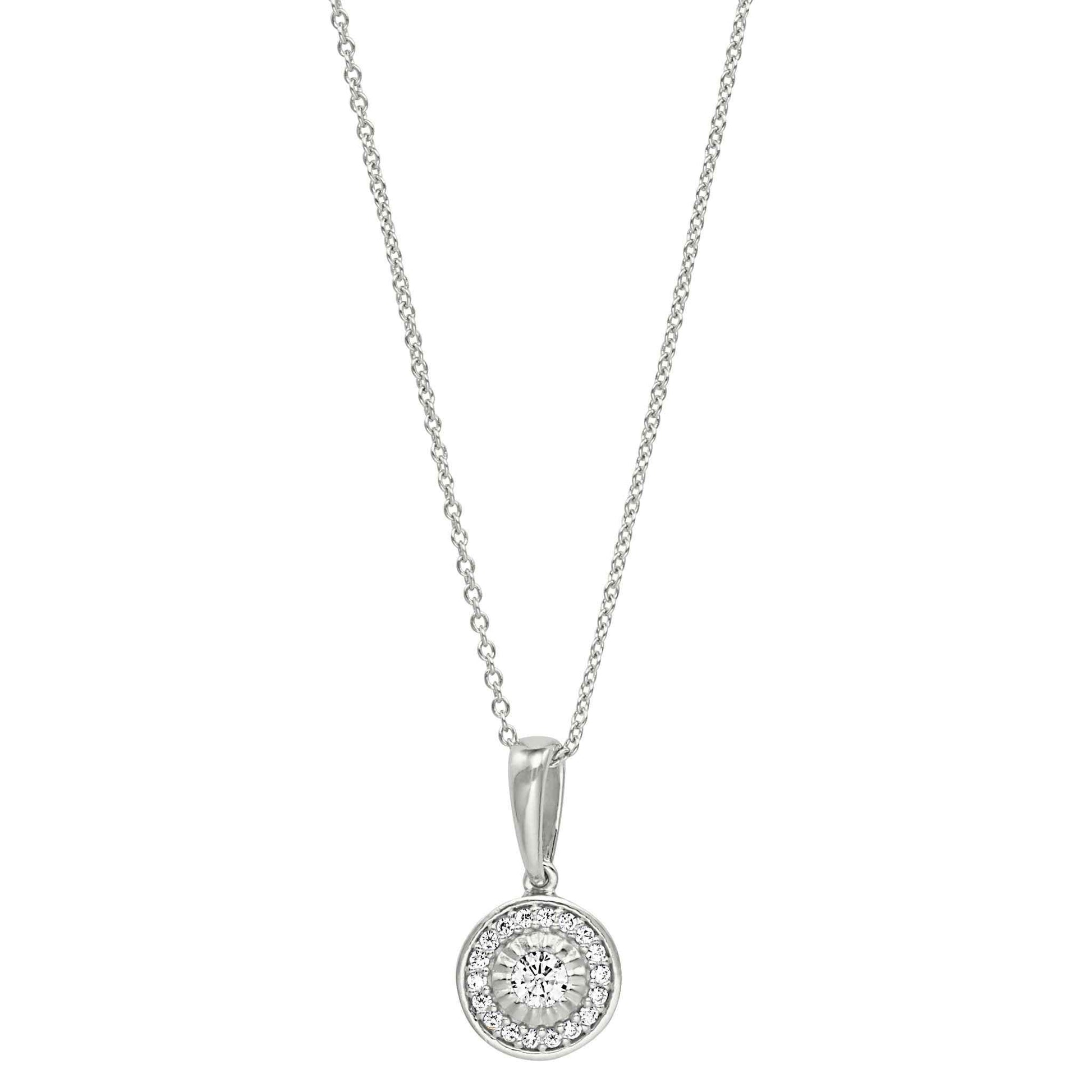 A sterling silver halo necklace with simulated diamonds displayed on a neutral white background.