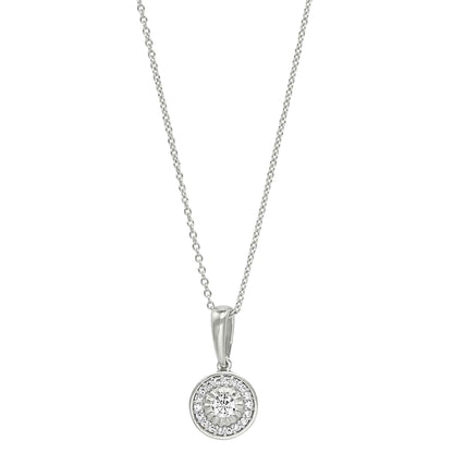 A sterling silver halo necklace with simulated diamonds displayed on a neutral white background.