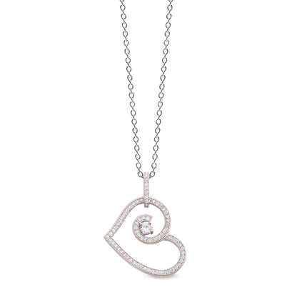 A sterling silver heart necklace with 84 simulated diamonds displayed on a neutral white background.