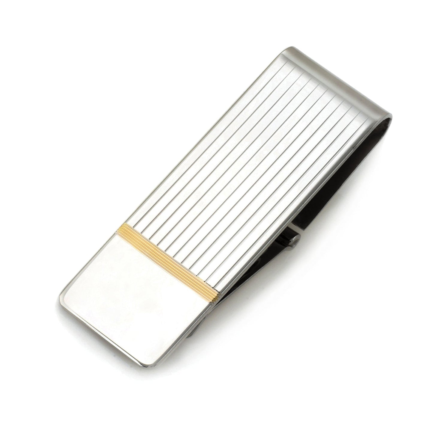 A sterling silver hinged money clip with gold accents displayed on a neutral white background.