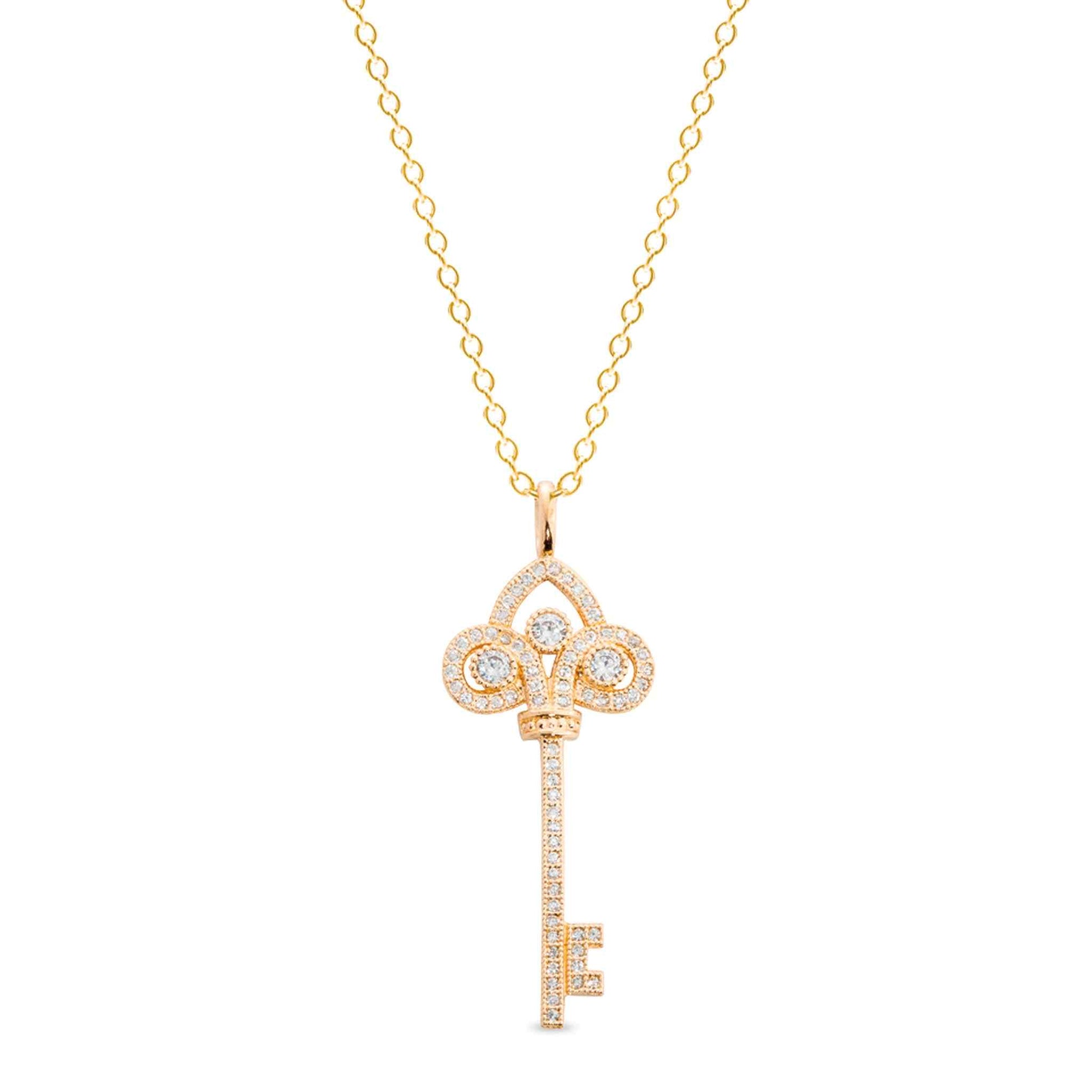 A sterling silver key pendant with 69 simulated diamonds displayed on a neutral white background.