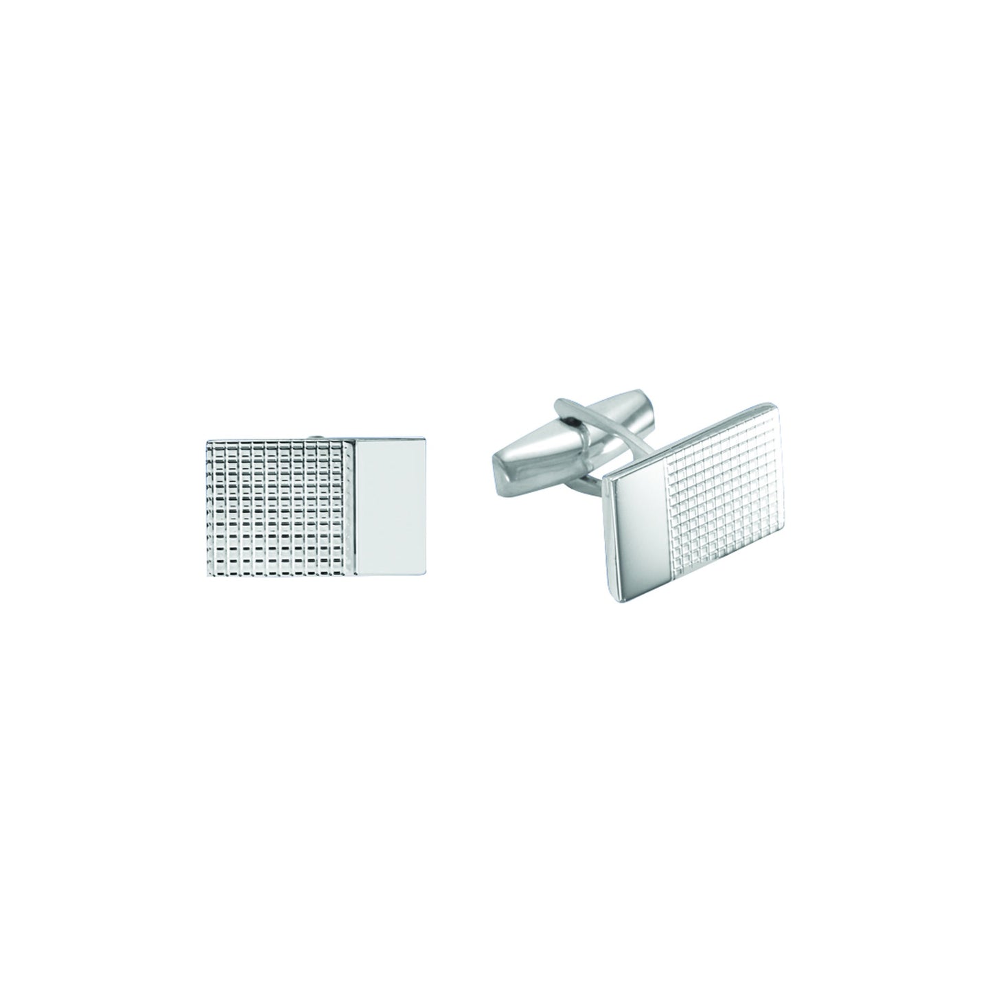 A sterling silver large rectangle grid cufflinks with end signet displayed on a neutral white background.