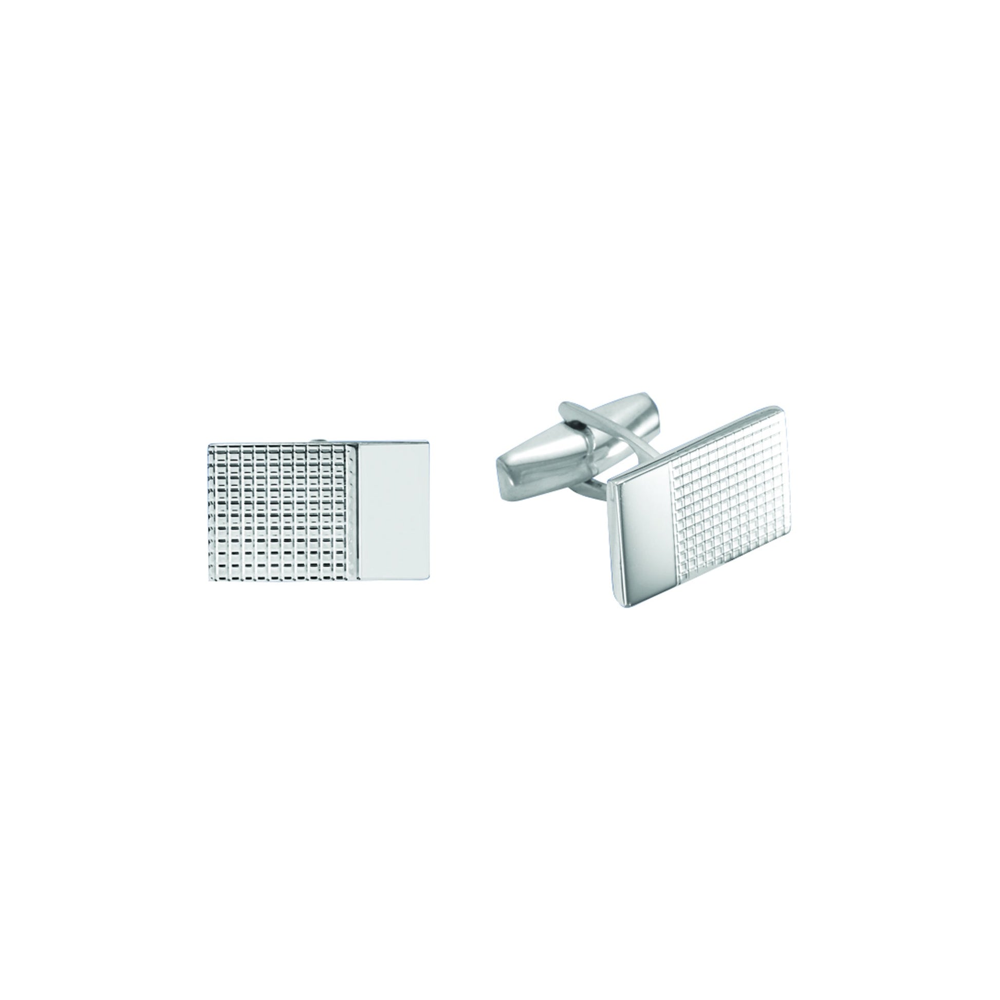 A sterling silver large rectangle grid cufflinks with end signet displayed on a neutral white background.