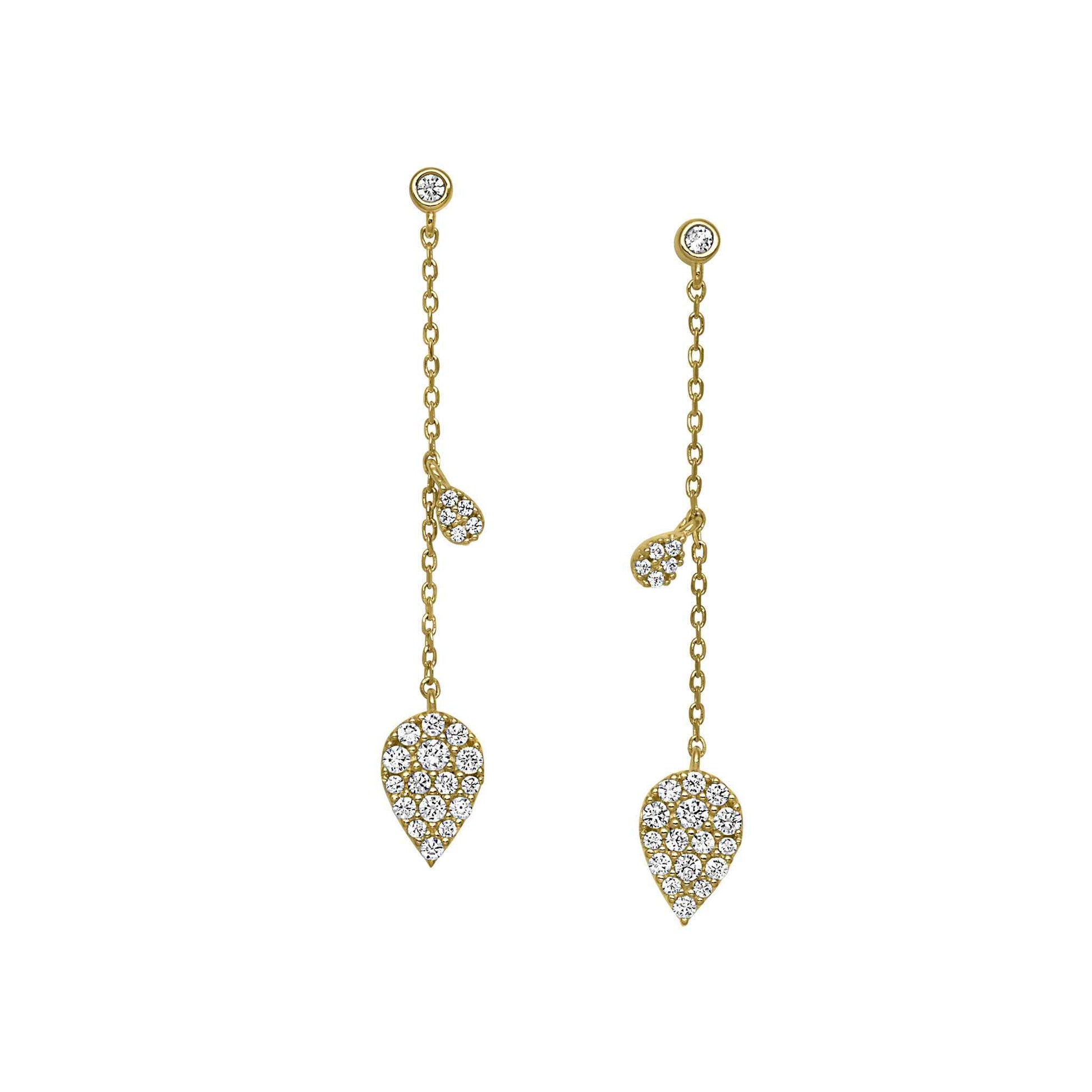 A sterling silver leaf drop earrings with simulated diamonds displayed on a neutral white background.