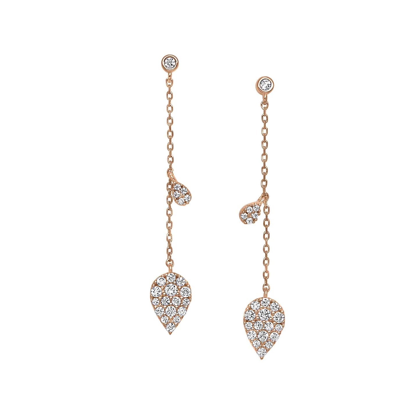 A sterling silver leaf drop earrings with simulated diamonds displayed on a neutral white background.