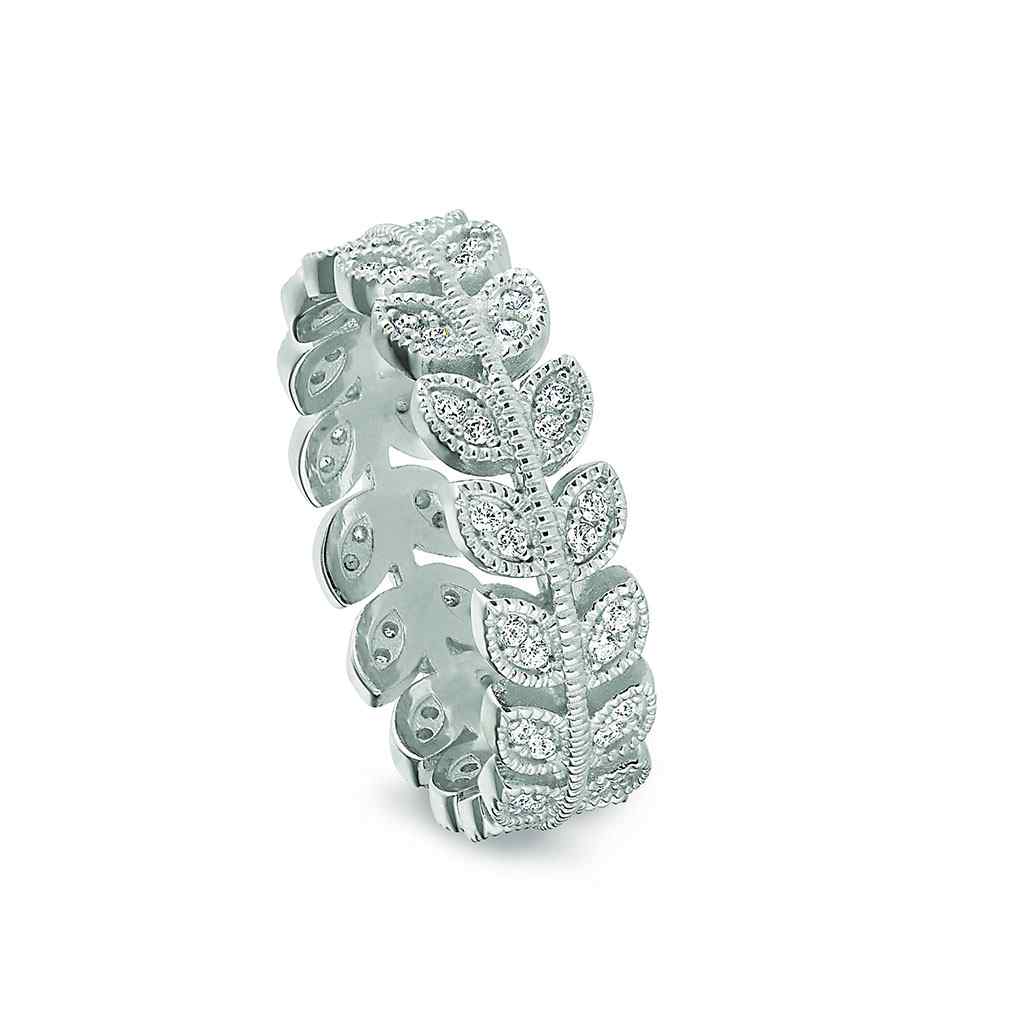 A sterling silver leaf ring with simulated diamonds displayed on a neutral white background.