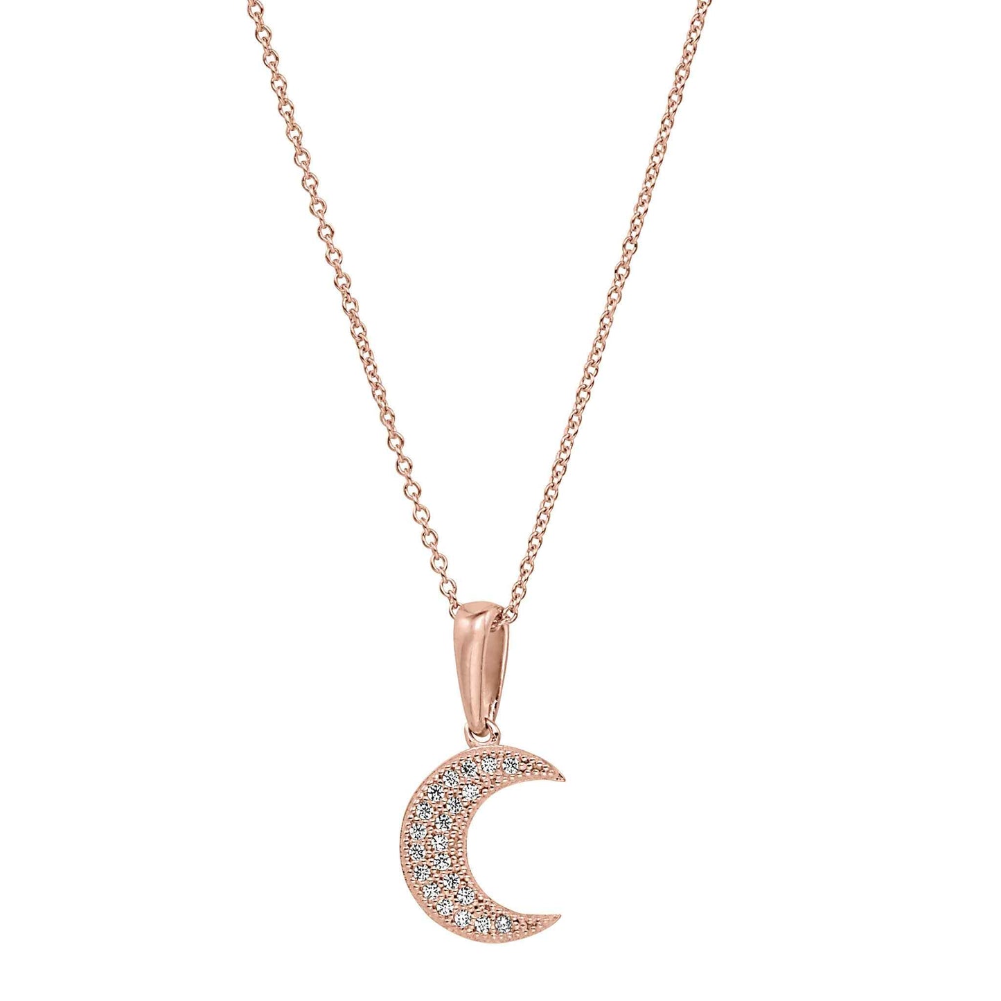 A sterling silver moon necklace with simulated diamonds displayed on a neutral white background.