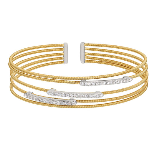 A sterling silver multi cable bracelet with horizontal bars of simulated diamonds displayed on a neutral white background.