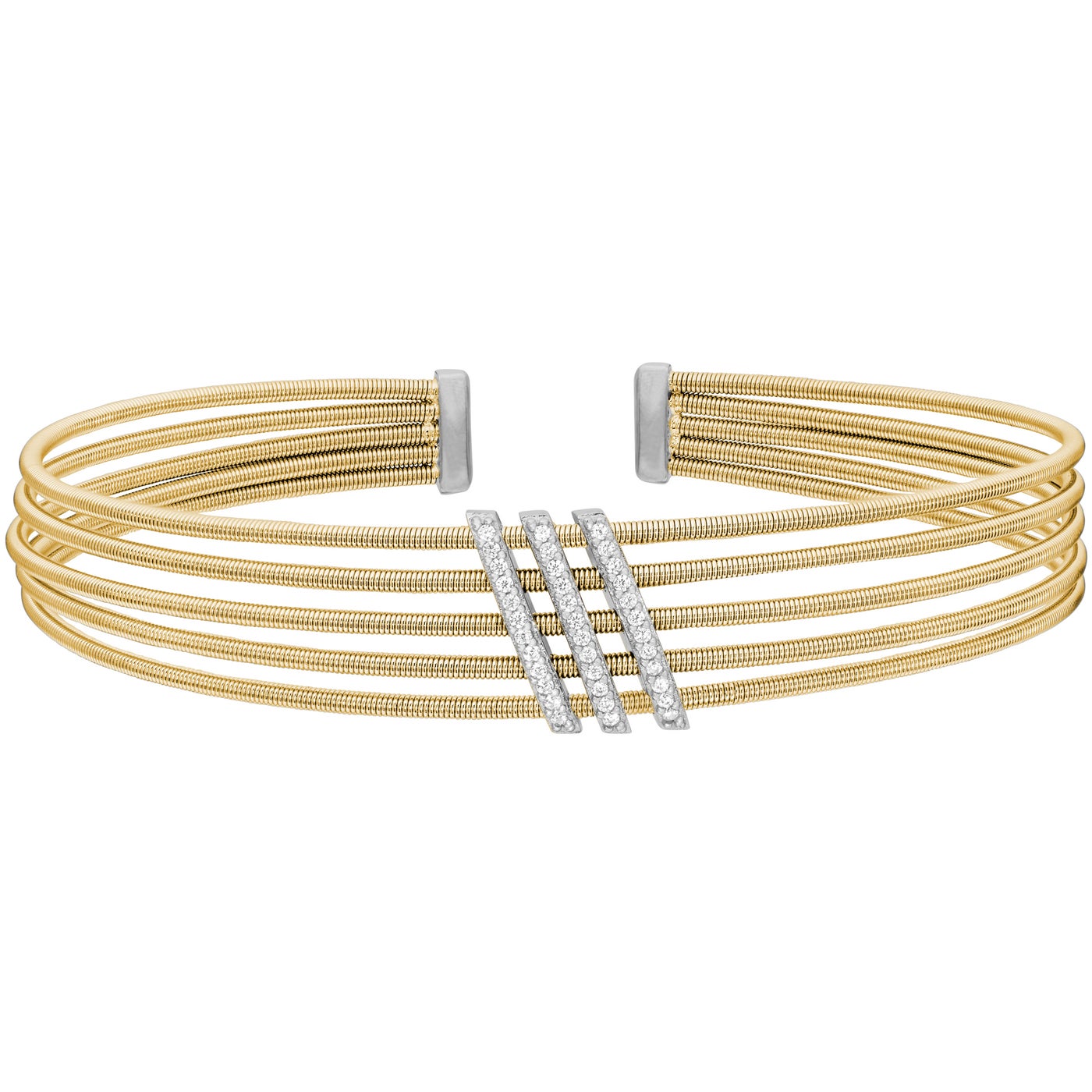 A sterling silver multi cable bracelet with three diagonal bars of simulated diamonds displayed on a neutral white background.