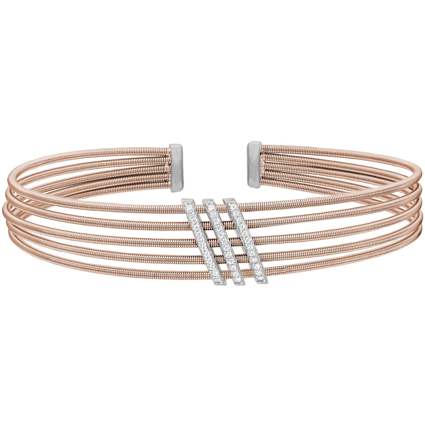 A sterling silver multi cable bracelet with three diagonal bars of simulated diamonds displayed on a neutral white background.