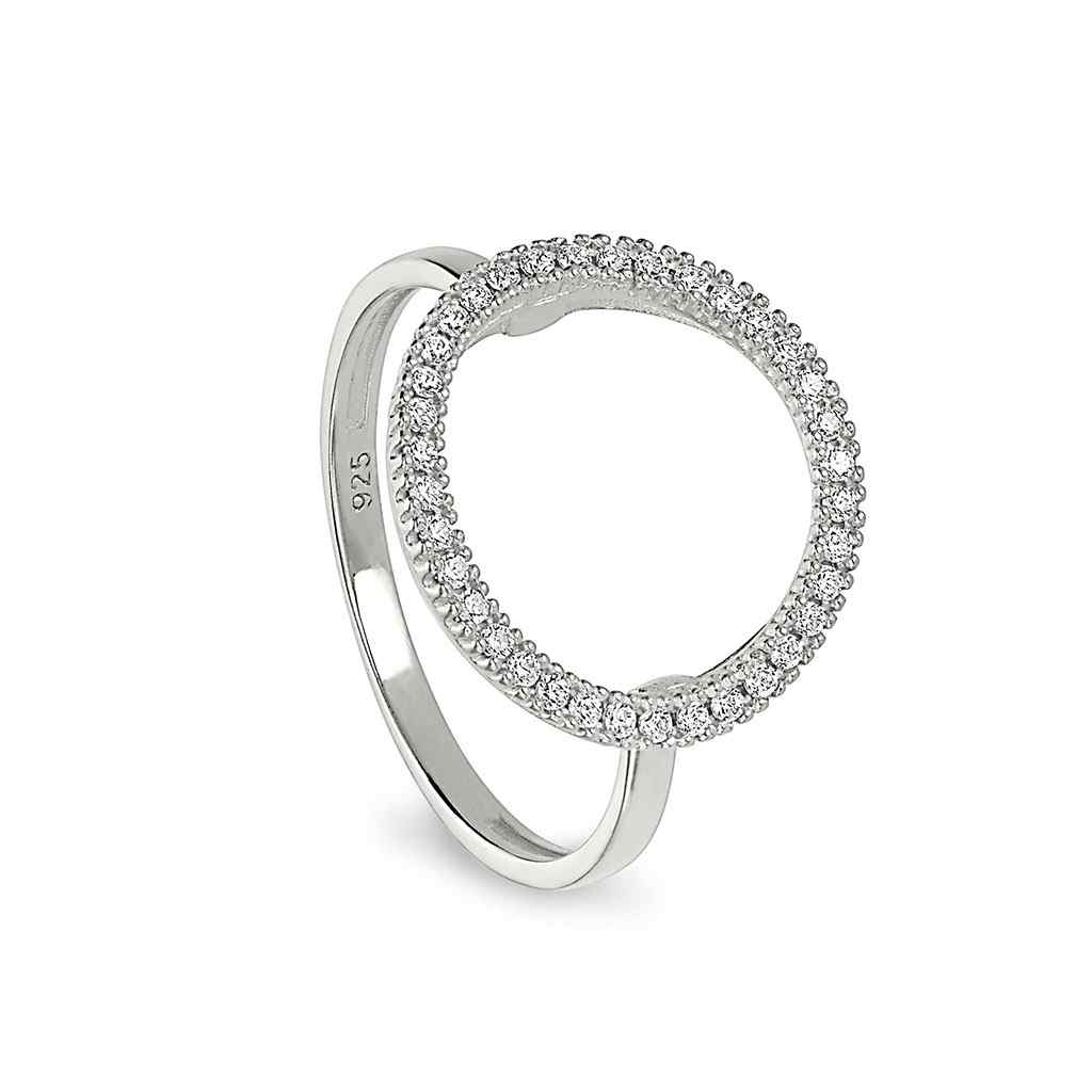 A sterling silver open circle ring with simulated diamonds displayed on a neutral white background.