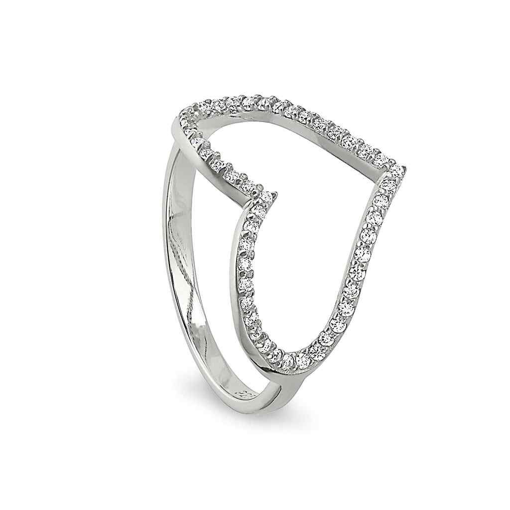 A sterling silver open heart ring with simulated diamonds displayed on a neutral white background.