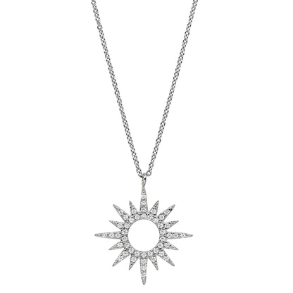 A sterling silver open starburst necklace with simulated diamonds displayed on a neutral white background.