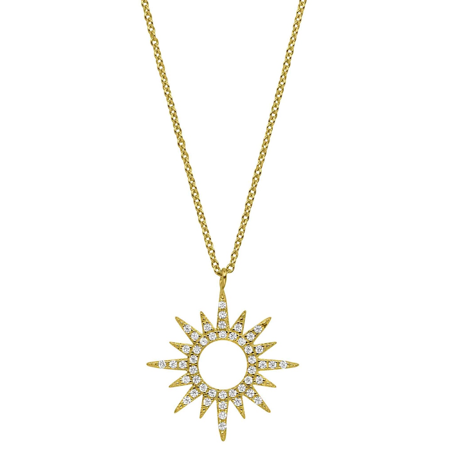 A sterling silver open starburst necklace with simulated diamonds displayed on a neutral white background.
