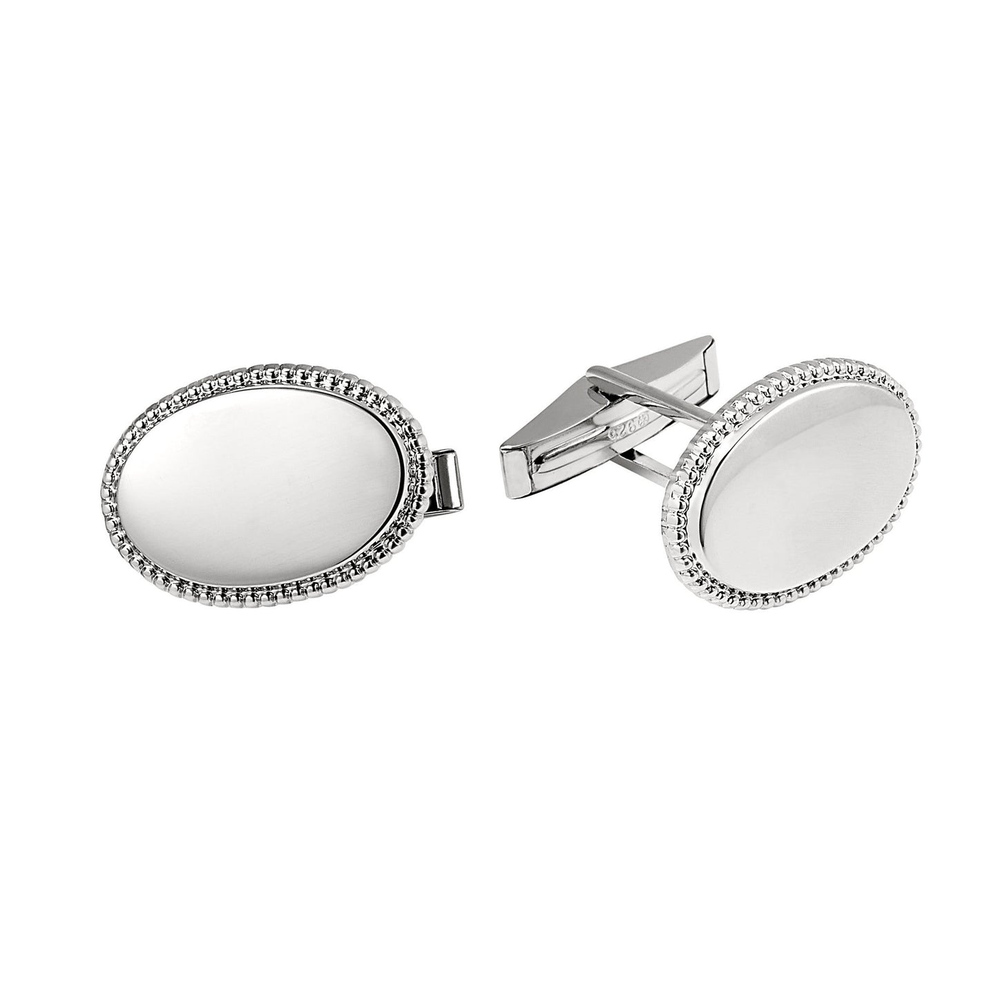 A sterling silver oval cuff links with beaded border displayed on a neutral white background.