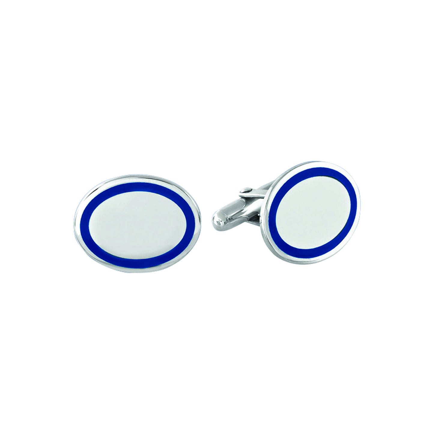 A sterling silver oval cufflinks with blue displayed on a neutral white background.