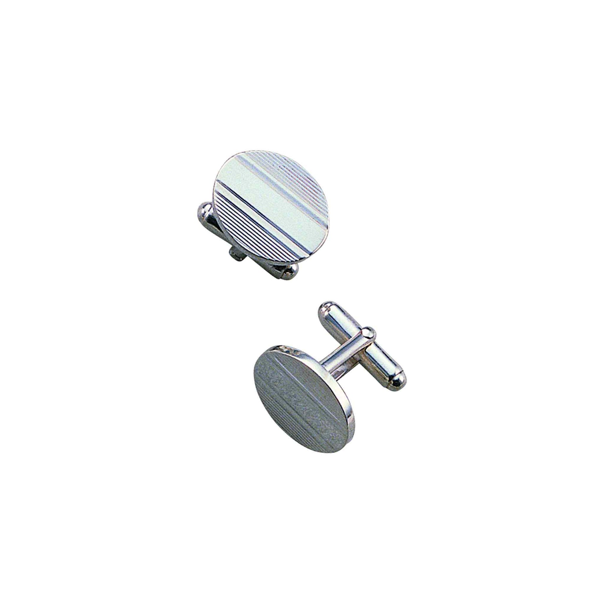 A sterling silver oval cufflinks with engine-turned lines displayed on a neutral white background.