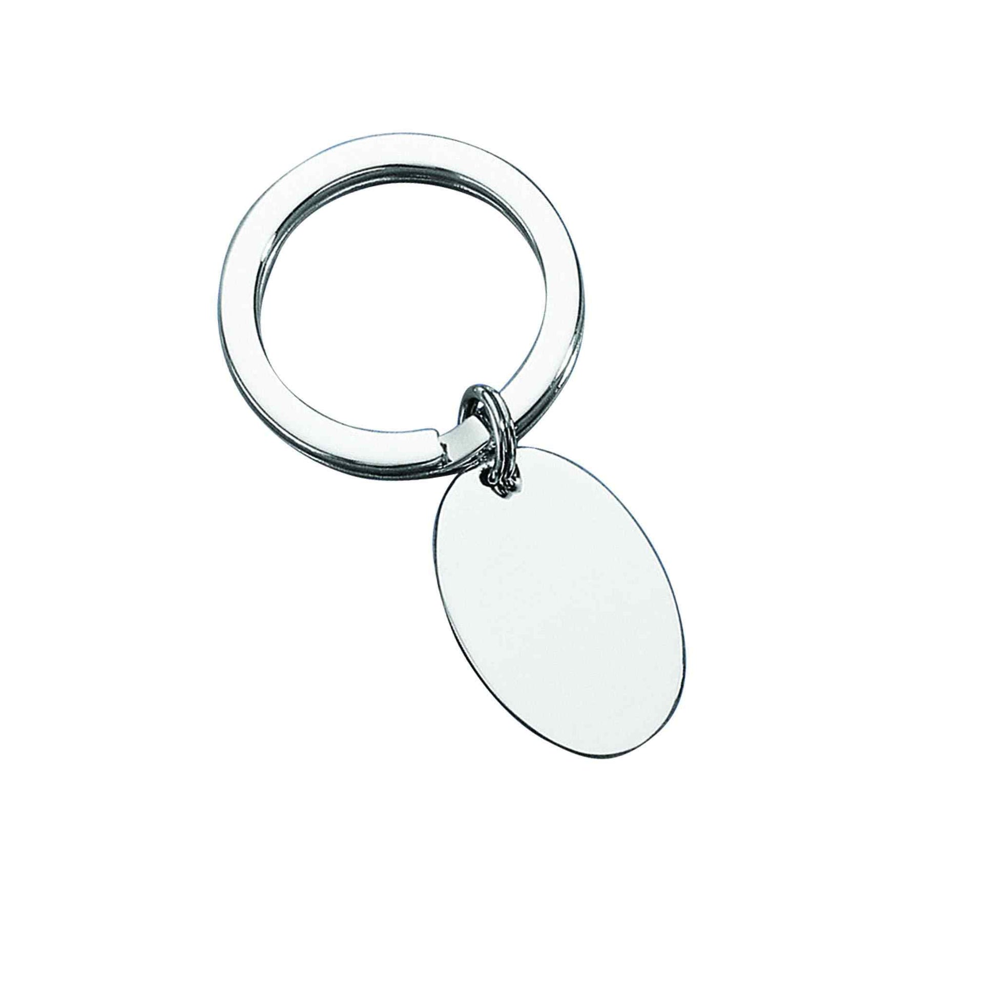 A sterling silver oval polished key ring displayed on a neutral white background.