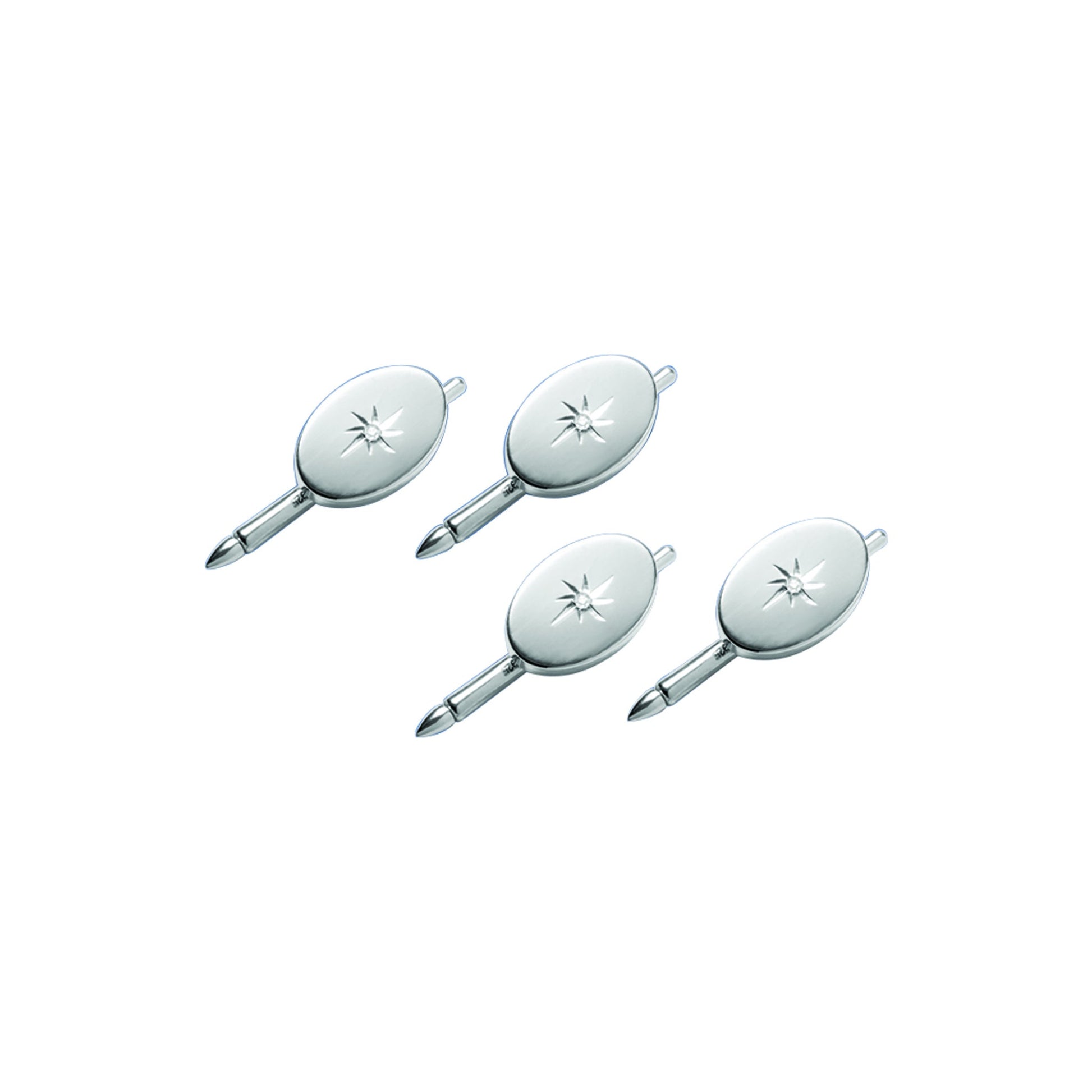 A four piece sterling silver oval star cut stud set .08ctw diamonds displayed on a neutral white background.