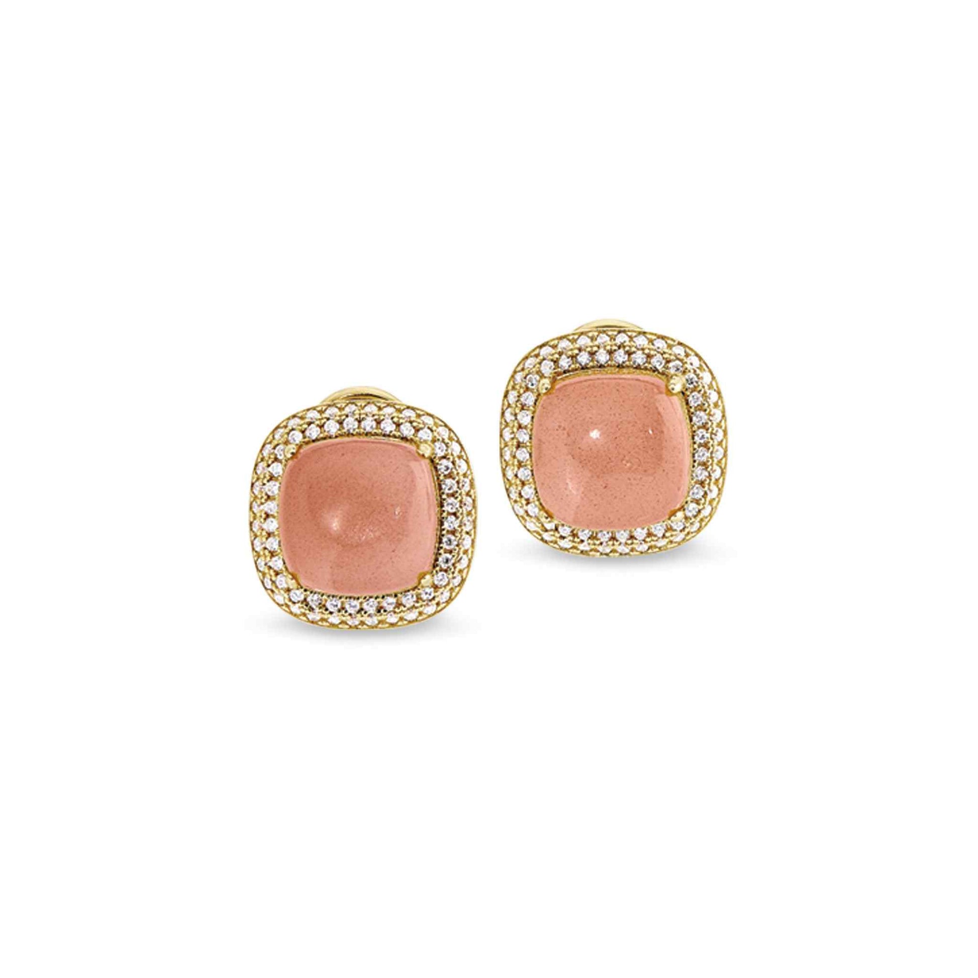A sterling silver peach quartz earrings with simulated diamonds displayed on a neutral white background.