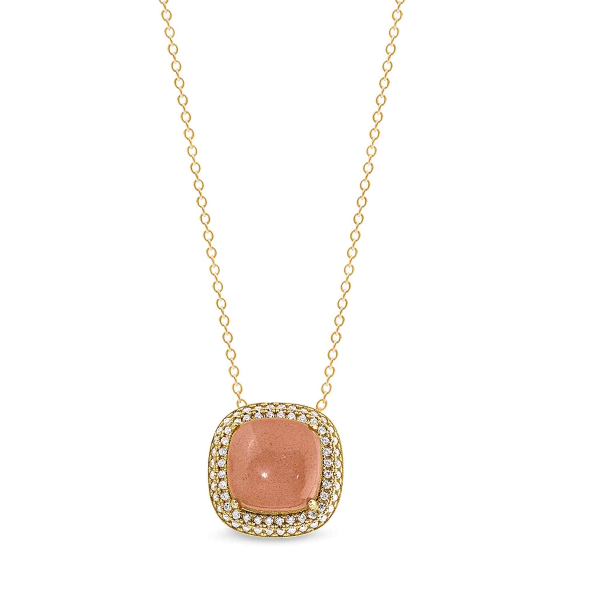 A sterling silver peach quartz pendant with simulated diamonds displayed on a neutral white background.
