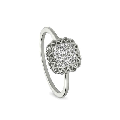 A sterling silver pillow with filigree edge ring with simulated diamonds displayed on a neutral white background.