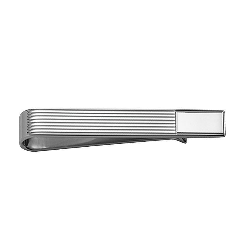 A sterling silver polished engine-turned tie slide displayed on a neutral white background.