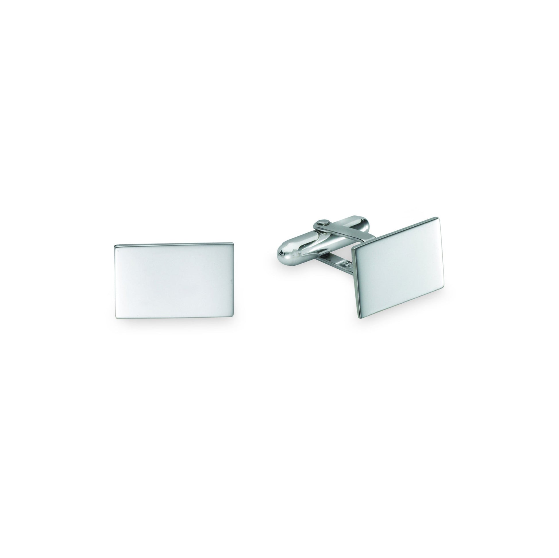 A sterling silver polished rectangle cufflinks displayed on a neutral white background.
