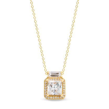 A sterling silver princess cut necklace with 30 simulated diamonds displayed on a neutral white background.