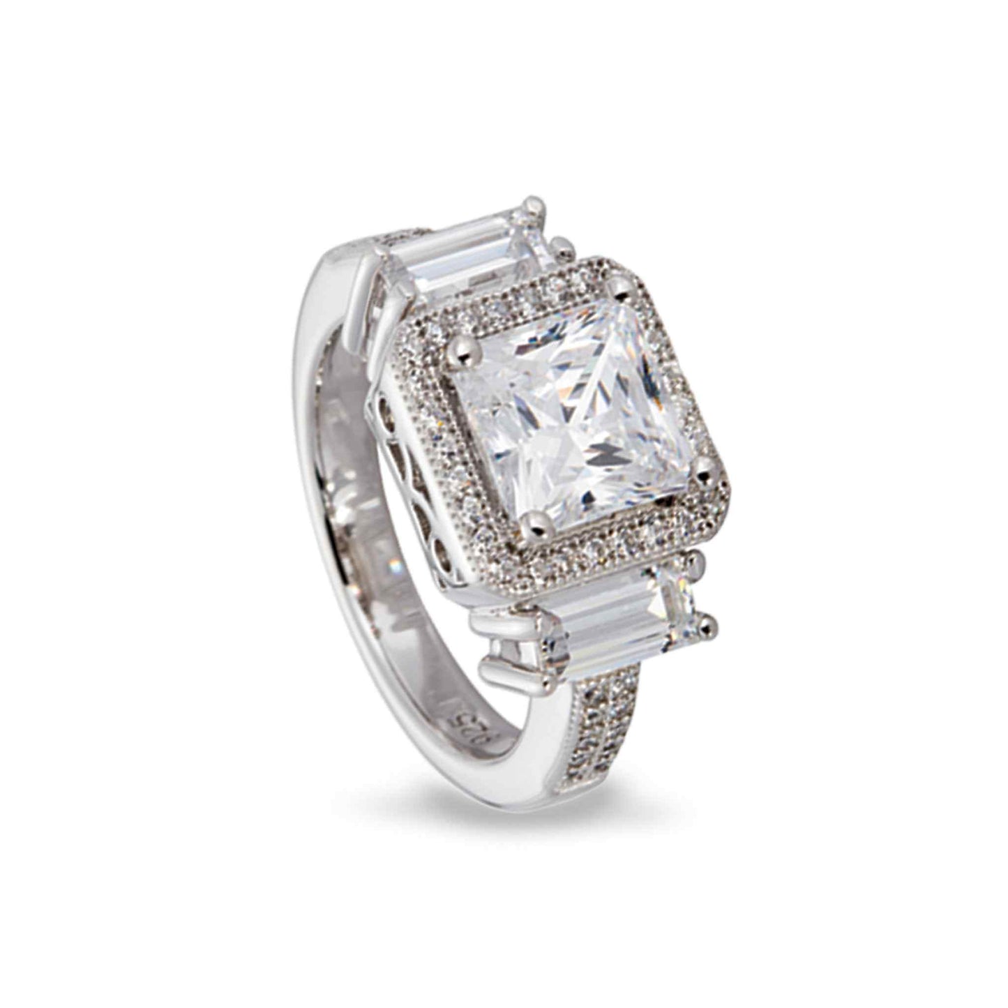A sterling silver princess cut ring with 51 simulated diamonds displayed on a neutral white background.